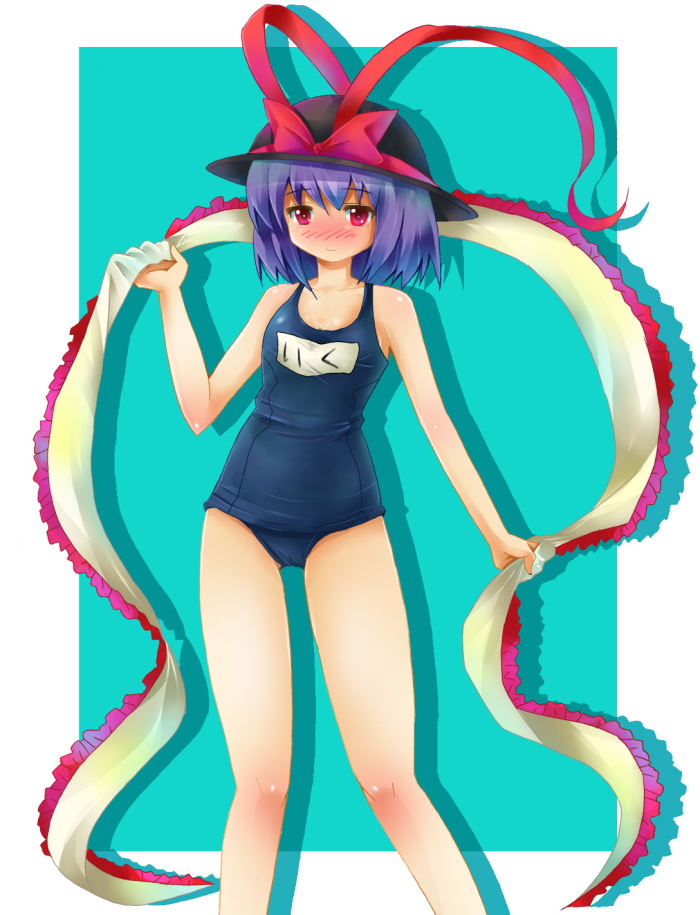 michii yuuki, nagae iku, touhou, bad id, bad pixiv id, 1girl, female focus, hat, one-piece swimsuit, ribbon, school swimsuit, solo, swimsuit