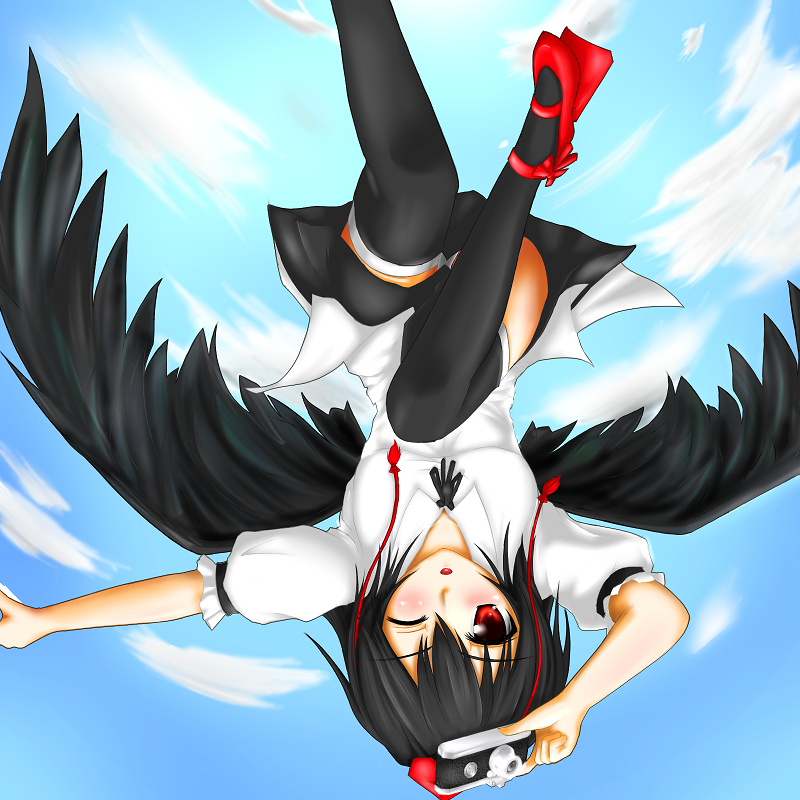 shameimaru aya, touhou, 1girl, black hair, black wings, blush, camera, female focus, flying, hat, looking at viewer, one eye closed, open mouth, red eyes, short hair, skirt, solo, thighhighs, upside-down, wings, wink, zettai ryouiki