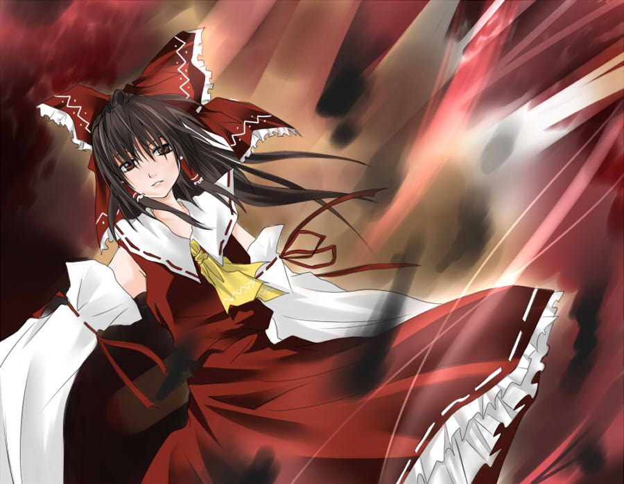 iceky, hakurei reimu, touhou, bad id, bad pixiv id, 1girl, female focus, gradient background, japanese clothes, miko, ribbon, solo