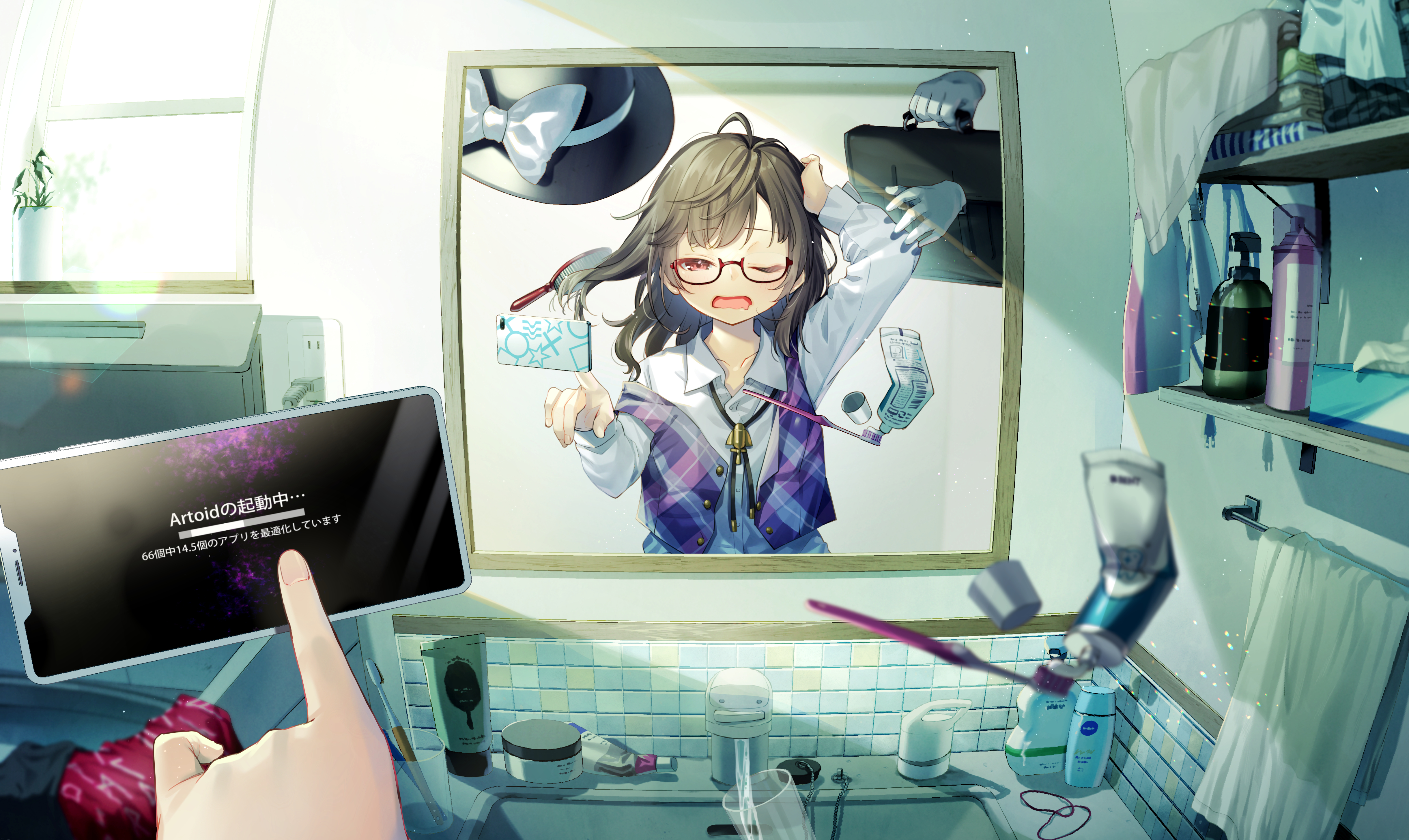 kapuchii, usami sumireko, touhou, absurdres, commentary request, highres, merchandise available, translation request, 1girl, ahoge, bathroom, bottle, briefcase, brown hair, cape, cellphone, collarbone, collared shirt, cup, disembodied hand, drain plug, drooling, electrical outlet, floating, floating hair, floating hat, floating object, gloves, hand in own hair, hat, indoors, light particles, loading screen, long hair, looking at mirror, lotion bottle, messy hair, mirror, morning, mouth drool, one eye closed, phone, plaid clothes, plaid vest, plant, potted plant, purple vest, quimbaya airplane, red-framed eyewear, red cape, red eyes, runes, school briefcase, shadow, shirt, sink, smartphone, solo, spray bottle, tile wall, tiles, toothbrush, toothpaste, towel, unworn cape, unworn hat, unworn headwear, vest, white gloves, white shirt, window