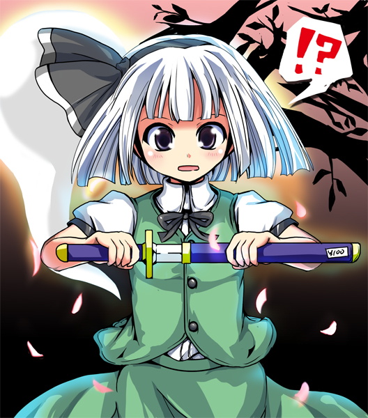 fa no hito, konpaku youmu, konpaku youmu (ghost), touhou, bad id, bad pixiv id, !, 1girl, ?, female focus, ghost, hairband, hitodama, katana, petals, ribbon, school uniform, serafuku, short hair, solo, sword, weapon, white hair