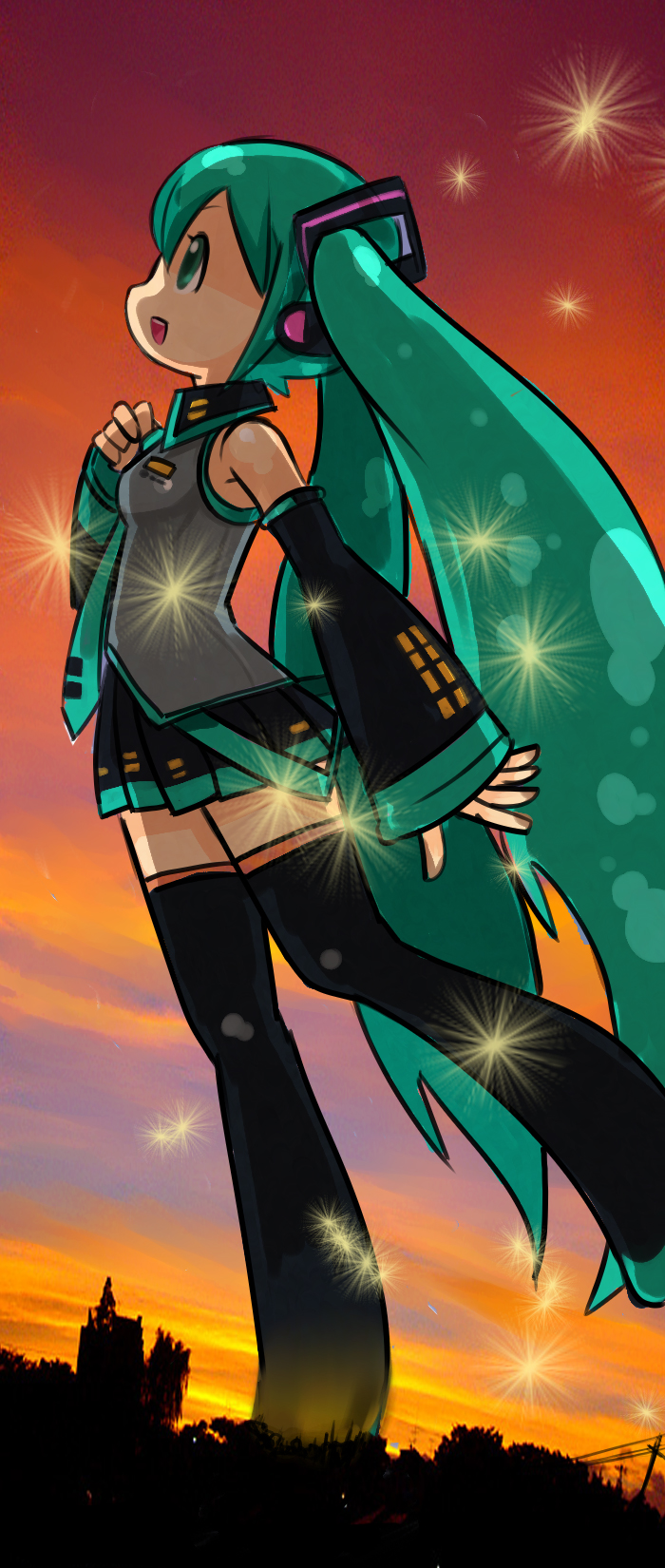 okera, hatsune miku, vocaloid, highres, 1girl, female focus, green hair, long hair, solo, thighhighs, twintails, very long hair