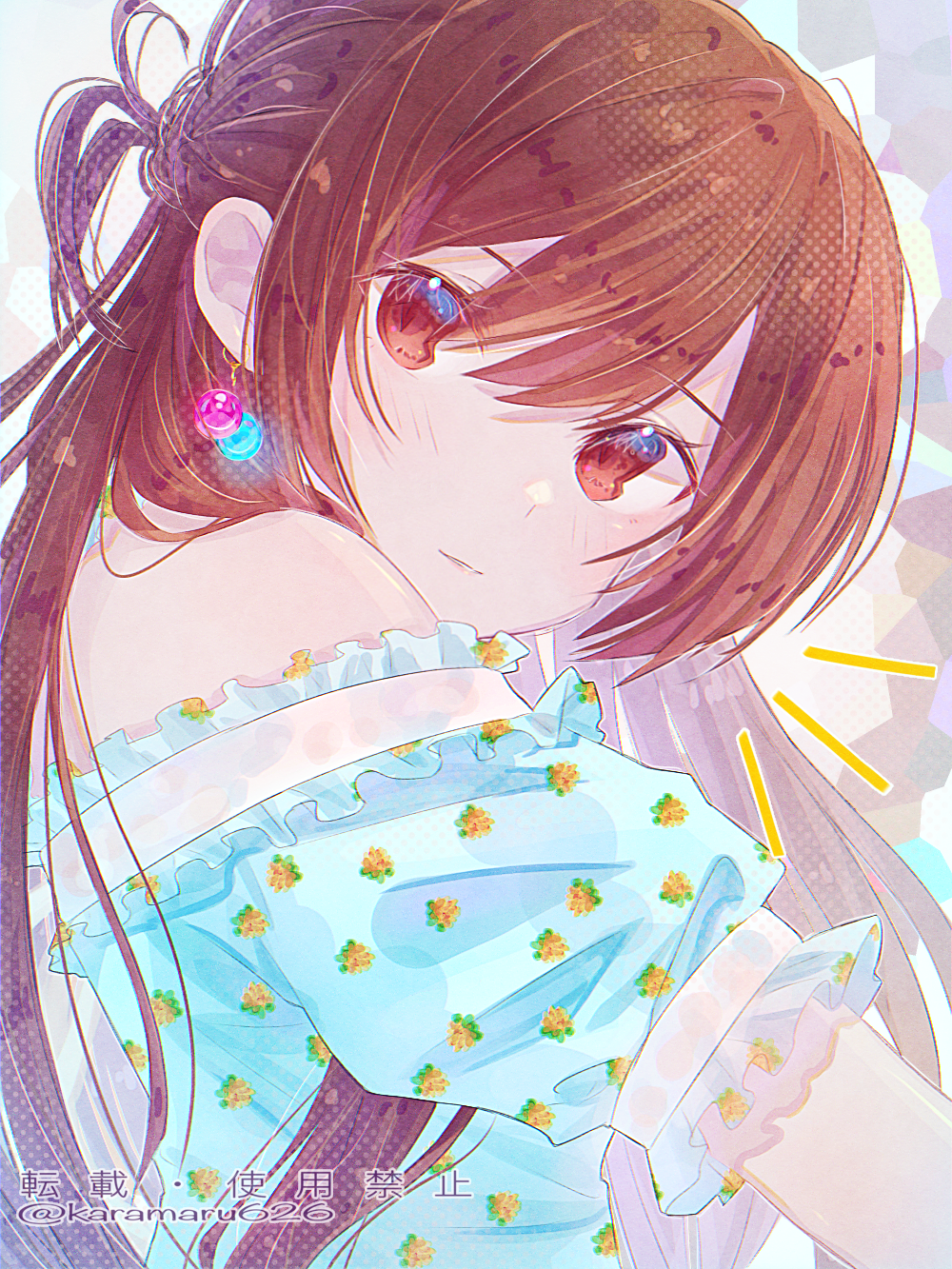 karamaru626, mizuhara chizuru, kanojo okarishimasu, bad id, bad pixiv id, highres, 1girl, bare shoulders, blue shirt, brown eyes, brown hair, closed mouth, earrings, floral print, frills, hair between eyes, jewelry, long hair, looking at viewer, looking to the side, off-shoulder shirt, off shoulder, shirt, short sleeves, side ponytail, solo