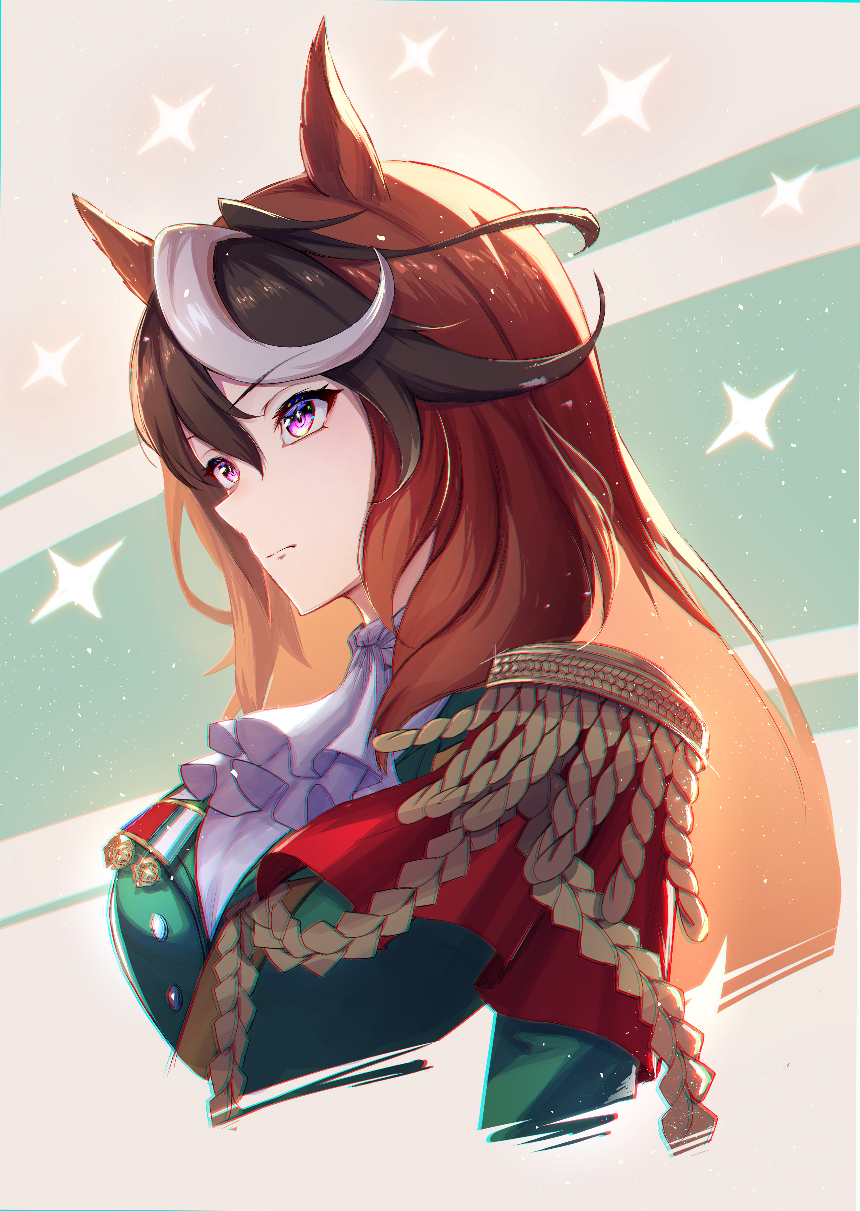 rou senka, symboli rudolf (emperor's path) (umamusume), symboli rudolf (umamusume), umamusume, absurdres, commentary request, highres, revision, 1girl, aiguillette, animal ears, ascot, brown hair, cape, earrings, epaulettes, hair between eyes, hand on own hip, horse ears, horse girl, jewelry, long hair, long sleeves, looking at viewer, multicolored hair, purple eyes, red cape, single earring, single epaulette, solo, streaked hair, upper body, white ascot, white background, white hair