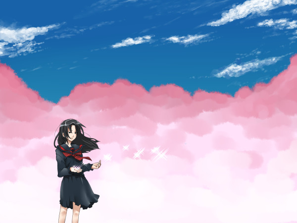 motomoto saji, mudo (saji), amasawa yuuko, dennou coil, bad id, bad pixiv id, 00s, 1girl, cloud, day, female focus, glasses, school uniform, serafuku, sky, solo, twintails