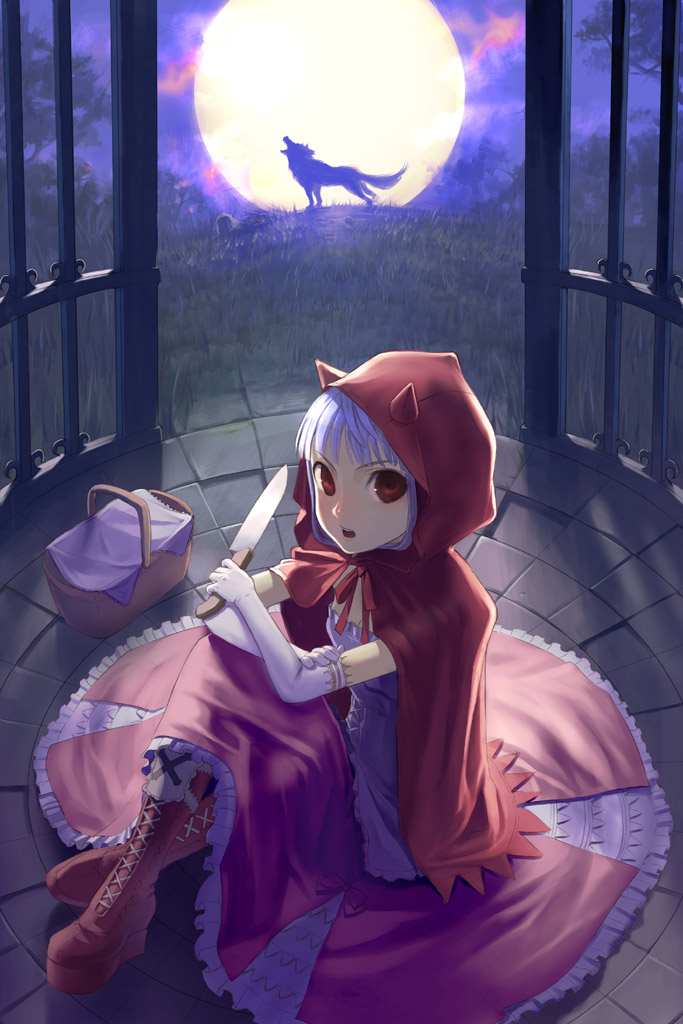 uni (plastic girl), big bad wolf, little red riding hood (fairy tale character), little red riding hood (fairy tale), original, silver hair, 1girl, basket, boots, cape, dress, elbow gloves, female focus, full moon, gloves, knife, moon, red eyes, sitting, solo, wolf