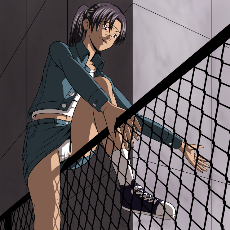 nike (0306), amasawa yuuko, dennou coil, 00s, 1girl, chain-link fence, female focus, fence, glasses, jacket, midriff, panties, pantyshot, pencil skirt, skirt, solo, twintails, underwear, upskirt