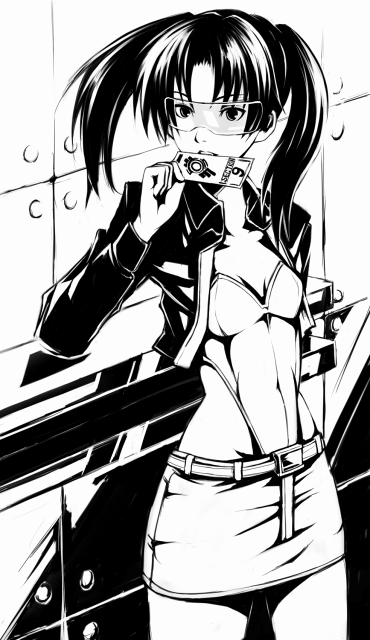 ina (gokihoihoi), amasawa yuuko, dennou coil, ghost in the shell, ghost in the shell: stand alone complex, 1girl, belt, crop top, female focus, flat chest, glasses, greyscale, highleg, highleg leotard, jacket, leotard, miniskirt, monochrome, parody, pencil skirt, skirt, solo, twintails