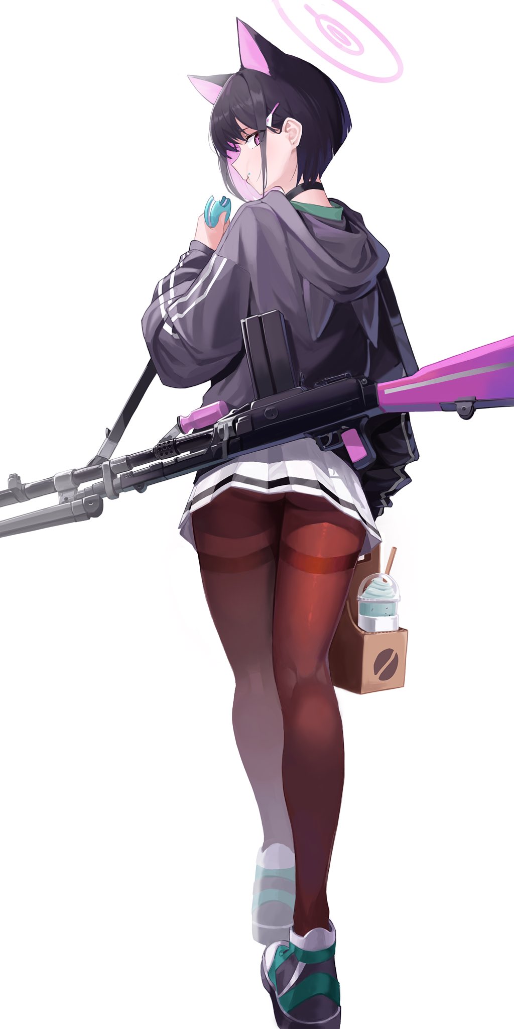 kazusa (blue archive), blue archive, hashtag-only commentary, highres, 1girl, animal ears, black choker, black hair, black hoodie, black pantyhose, bren lmg, cat ears, cat girl, choker, colored inner animal ears, colored inner hair, cup, disposable cup, eating, extra ears, food, food on face, from behind, gun, hair ornament, hairclip, halo, holding, holding food, hood, hood down, hoodie, light machine gun, long sleeves, looking at viewer, looking back, macaron, machine gun, miniskirt, multicolored hair, orange foxi, pantyhose, pink eyes, pink hair, pink halo, pleated skirt, profile, shoes, short hair, simple background, skirt, sneakers, solo, standing, thighband pantyhose, two-tone hair, underbutt, weapon, white background, white skirt