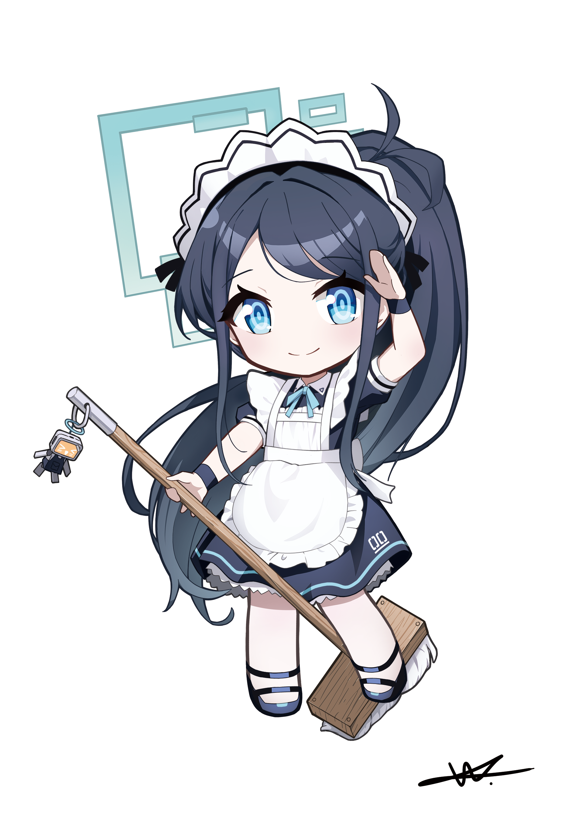shuni valentine, aris (blue archive), aris (maid) (blue archive), kei (robot) (blue archive), blue archive, absurdres, commentary, highres, 1girl, apron, arm up, black dress, black hair, black shoes, blue eyes, broom, chibi, closed mouth, collared dress, dress, frilled apron, frills, full body, halo, holding, holding broom, long hair, looking at viewer, maid, maid apron, maid headdress, parted bangs, ponytail, puffy short sleeves, puffy sleeves, ringed eyes, salute, shoes, short sleeves, signature, simple background, smile, solo, standing, standing on one leg, very long hair, white apron, white background, wrist cuffs