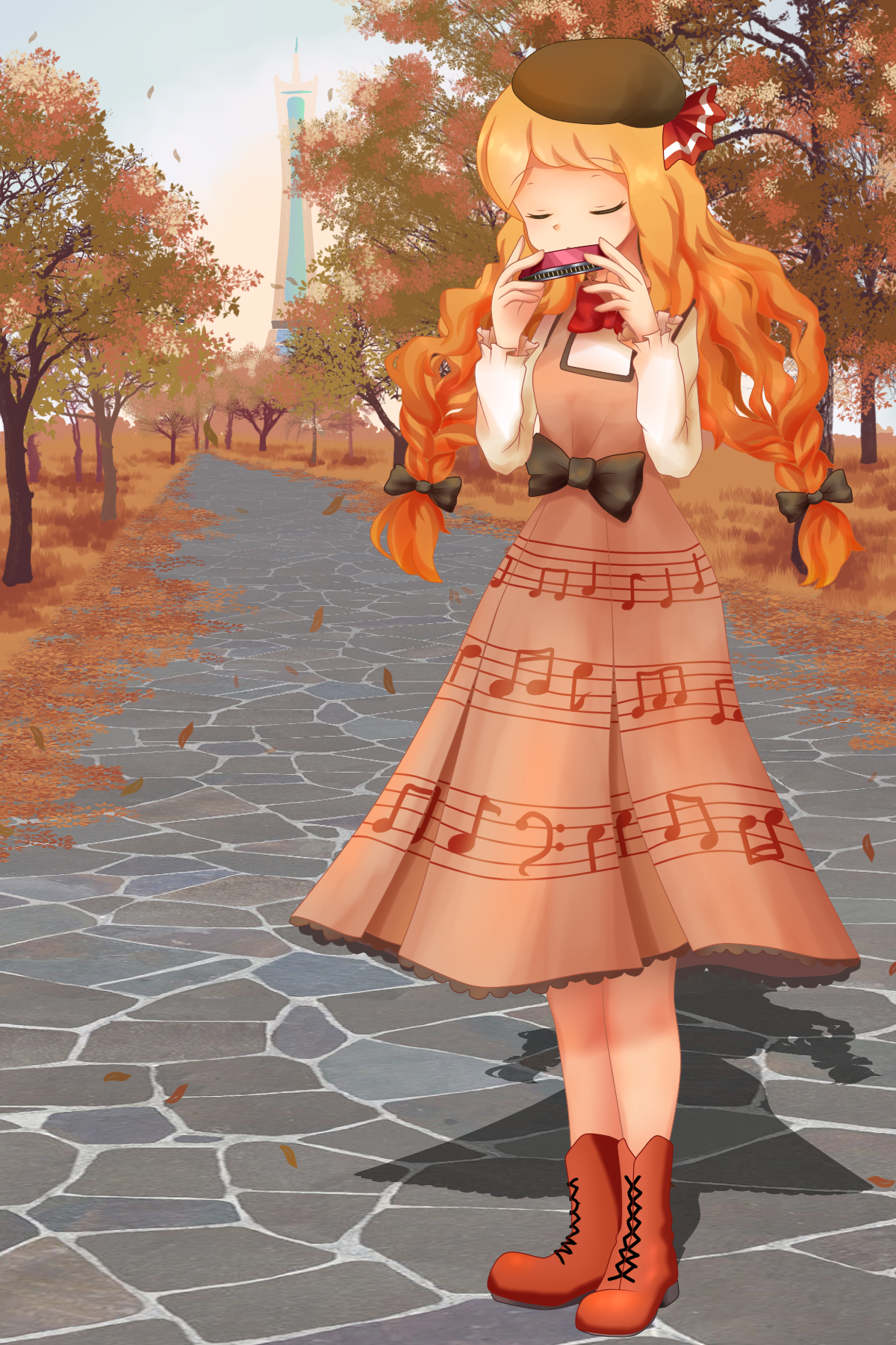 chyndea, serena (pokemon), nintendo, pokemon, pokemon (anime), pokemon the movie: diancie and the cocoon of destruction, pokemon xy (anime), commentary, english commentary, highres, 1girl, autumn, autumn leaves, beret, black bow, boots, bow, braid, brown boots, brown dress, brown hair, building, closed eyes, day, dress, dress bow, full body, hair bow, harmonica, hat, holding, holding instrument, instrument, leaf, long hair, lumiose city, music, musical note, musical note print, official alternate costume, official alternate hairstyle, outdoors, path, playing instrument, prism tower, road, shadow, shirt, shirt under dress, sky, solo, standing, tower, tree, twin braids, twintails, white shirt