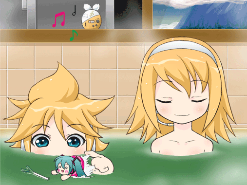 mameshiba (pixiv 59310), hachune miku, hatsune miku, kagamine len, kagamine rin, vocaloid, animated, animated gif, lowres, 00s, 1boy, 2girls, :<, :d, ahoge, aqua eyes, bath, bathing, beamed eighth notes, beamed quavers, blonde hair, blush, brother and sister, chibi, dancing, eighth note, hairband, half note, happy, headphones, innertube, mini person, minigirl, mixed-sex bathing, multiple girls, music, musical note, o o, open mouth, partially submerged, quarter note, quaver, same-sex bathing, shared bathing, short hair, siblings, singing, smile, spring onion, swim ring, swimming, toy, triangle mouth, twins