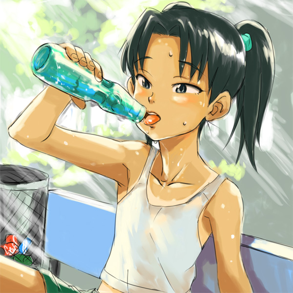 hirokazu, amasawa yuuko, dennou coil, 00s, bare shoulders, bottle, brown eyes, brown hair, drink, drinking, flat chest, hiro kazu, sweat, tank top, twintails
