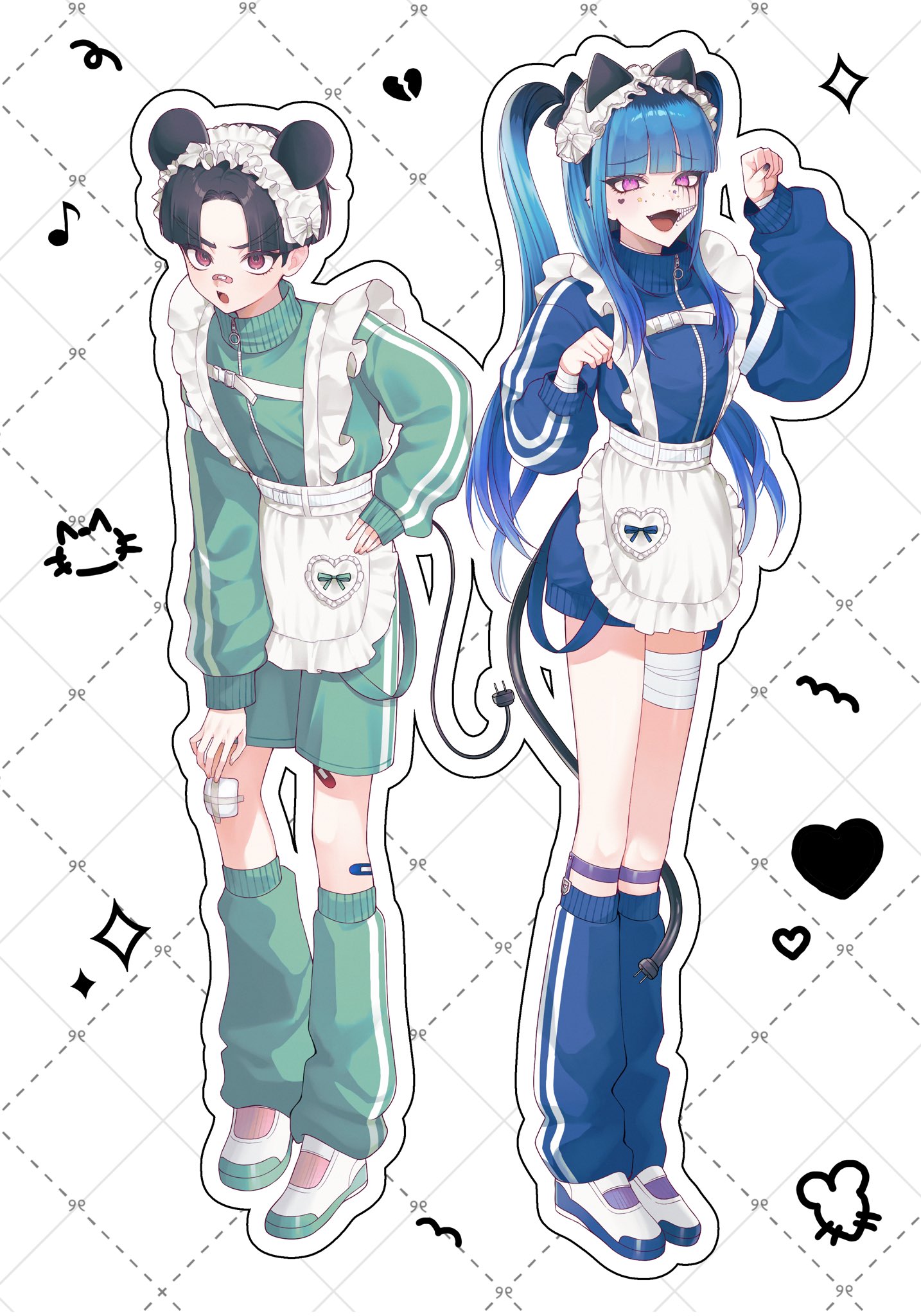 amemiya darumi, maruko gaku, the hundred line -last defense academy-, commentary, highres, symbol-only commentary, 1boy, 1girl, a berrypop, animal ears, apron, bandage on leg, bandaid, bandaid on face, bandaid on nose, black bow, black hair, blue bow, blue hair, blue jacket, blue leg warmers, bow, cable, cat ears, crossdressing, crossdressing (mtf), electric plug, electric plug tail, facial mark, fake animal ears, frilled apron, frills, full body, gauze on knee, green bow, green jacket, green leg warmers, hair bow, hand on own hip, heart, heart facial mark, jacket, jersey maid, leaning forward, leg warmers, long hair, long sleeves, looking at viewer, maid, maid apron, maid headdress, makeup, male maid, mouse ears, multicolored hair, open mouth, outline, paw pose, pink eyes, red eyes, runny makeup, short hair, tail, track jacket, twintails, unconventional maid, white apron, white background