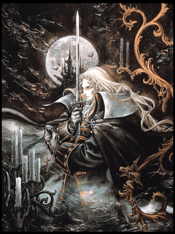 kojima ayami, alucard (castlevania), castlevania: symphony of the night, castlevania (series), konami, official art, 1boy, androgynous, bat (animal), bishounen, candle, candlestand, castle, coat, colored skin, cross, dhampir, from side, full moon, goth fashion, half-human, high collar, holding, holding sword, holding weapon, male focus, moon, solo, sword, trench coat, undead, vampire, weapon, white skin