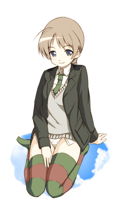 lynette bishop, strike witches, world witches series, non-web source, 00s, 1girl, blue eyes, braid, brown hair, female focus, green necktie, jacket, necktie, panties, single braid, solo, striped clothes, striped thighhighs, thighhighs, underwear, vest