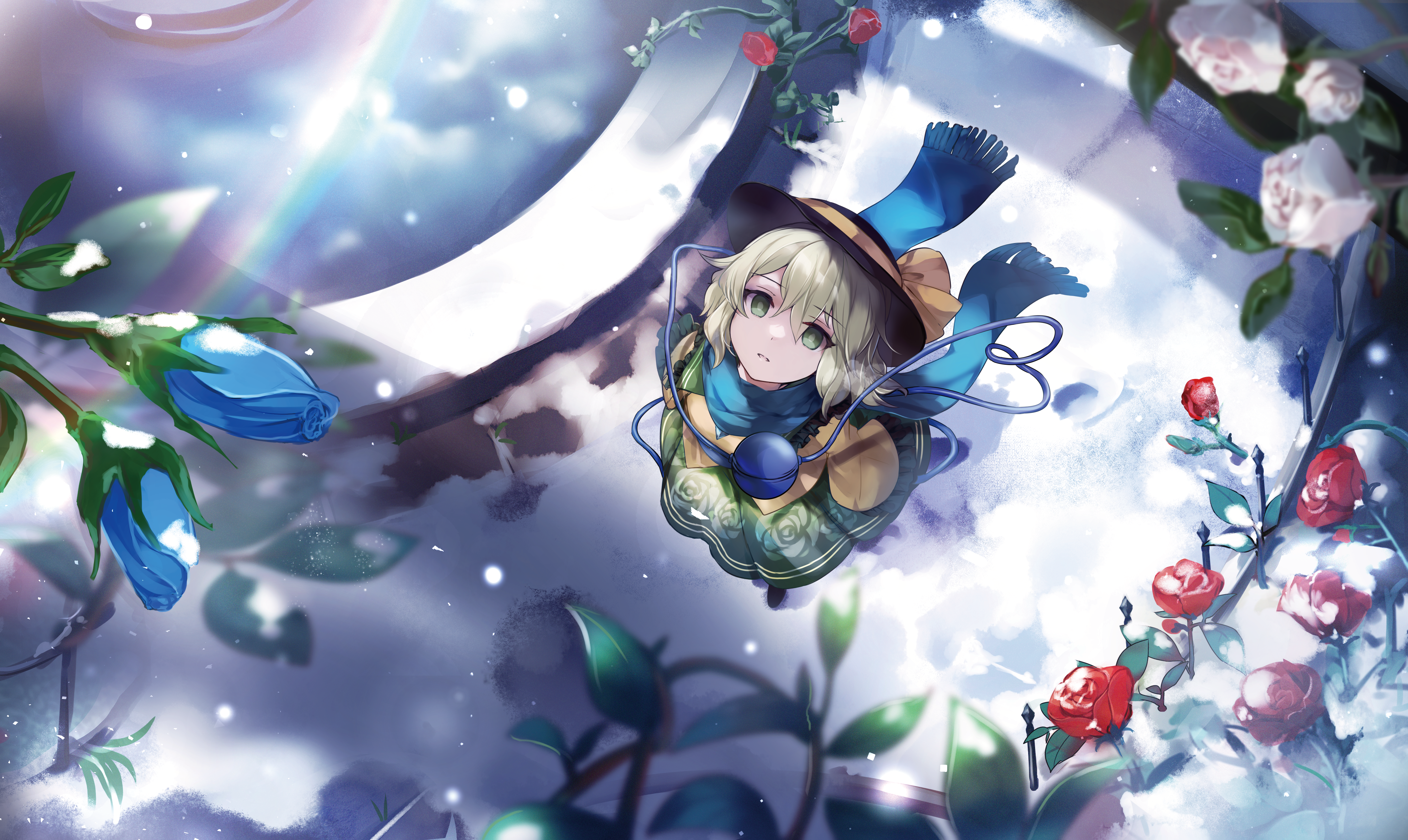 kutsuki kai, komeiji koishi, touhou, absurdres, commentary request, highres, merchandise available, 1girl, black hat, blue flower, blue rose, blue scarf, blurry, depth of field, empty eyes, fence, floral print, floral print skirt, flower, footprints, fountain, from above, green eyes, green hair, green skirt, hat, hat ribbon, long sleeves, looking up, medium hair, outdoors, pavement, plant, print skirt, rainbow, red flower, red rose, ribbon, rose, scarf, shirt, skirt, snow, snowing, solo, third eye, vines, white flower, white rose, yellow ribbon, yellow shirt