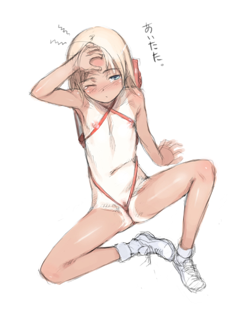 haimura kiyotaka, translated, 1girl, backpack, bag, bikini, blonde hair, blue eyes, blush, censored, clitoris slip, female focus, flat chest, loli, micro bikini, nipple slip, nipples, nude, one-piece tan, one eye closed, pretzel bikini, pussy, pussy peek, randoseru, shoes, sitting, slingshot swimsuit, solo, spread legs, swimsuit, tan, tanline, tears, wink