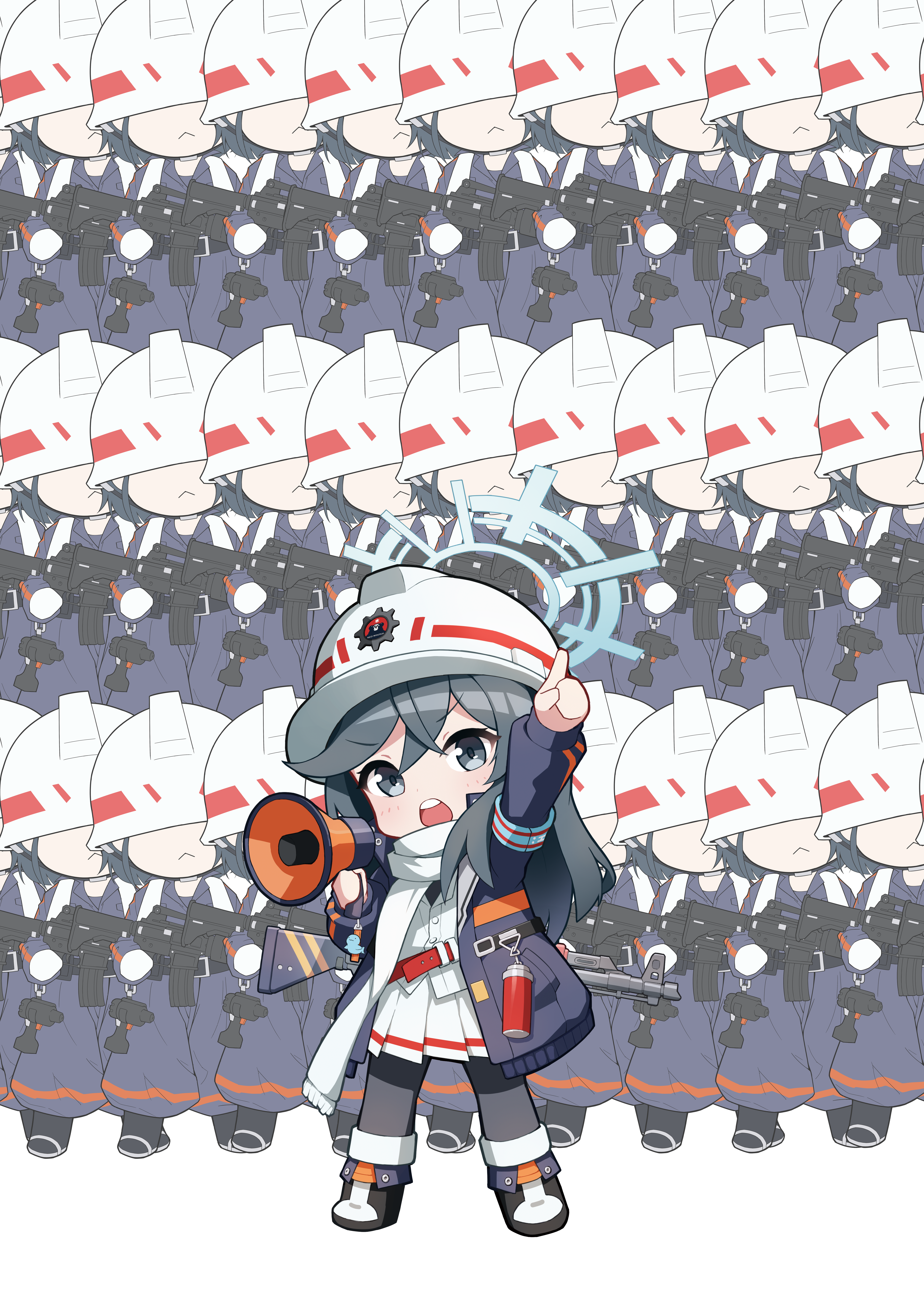 shuni valentine, labor party member (blue archive), minori (blue archive), blue archive, absurdres, highres, 6+girls, :<, arm up, assault rifle, black boots, black hair, black jacket, black jumpsuit, black pantyhose, boots, chibi, closed mouth, fold-over boots, fringe trim, grey eyes, grey hair, gun, hair between eyes, halo, helmet, holding, holding gun, holding megaphone, holding weapon, jacket, jumpsuit, long sleeves, m4 carbine, megaphone, multiple girls, pantyhose, pleated skirt, pointing, puffy long sleeves, puffy sleeves, recurring image, rifle, scarf, skirt, v-shaped eyebrows, weapon, white background, white helmet, white jacket, white scarf, white skirt
