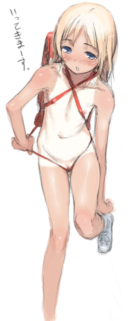 haimura kiyotaka, translated, 1girl, areola slip, backpack, bag, bikini, blonde hair, blue eyes, blush, censored, clitoris slip, female focus, flat chest, loli, micro bikini, nipple slip, nipples, nude, one-piece tan, pretzel bikini, pussy, pussy peek, randoseru, shoes, short hair, slingshot swimsuit, solo, standing, standing on one leg, swimsuit, tan, tanline