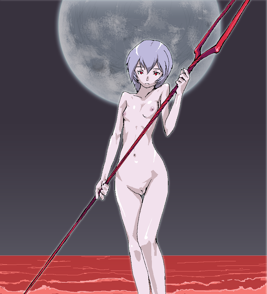 fever-san, ayanami rei, neon genesis evangelion, 1girl, bident, blue hair, breasts, completely nude, female focus, lance of longinus (evangelion), lcl, moon, nipples, nude, polearm, pussy, red eyes, short hair, small breasts, solo, uncensored, weapon
