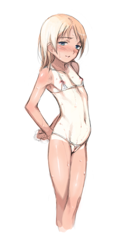 haimura kiyotaka, 1girl, bikini, blonde hair, blue eyes, blush, female focus, flat chest, loli, micro bikini, nipple slip, nipples, nude, one-piece tan, solo, standing, swimsuit, tan, tanline, uncensored, wedgie, wet, white bikini