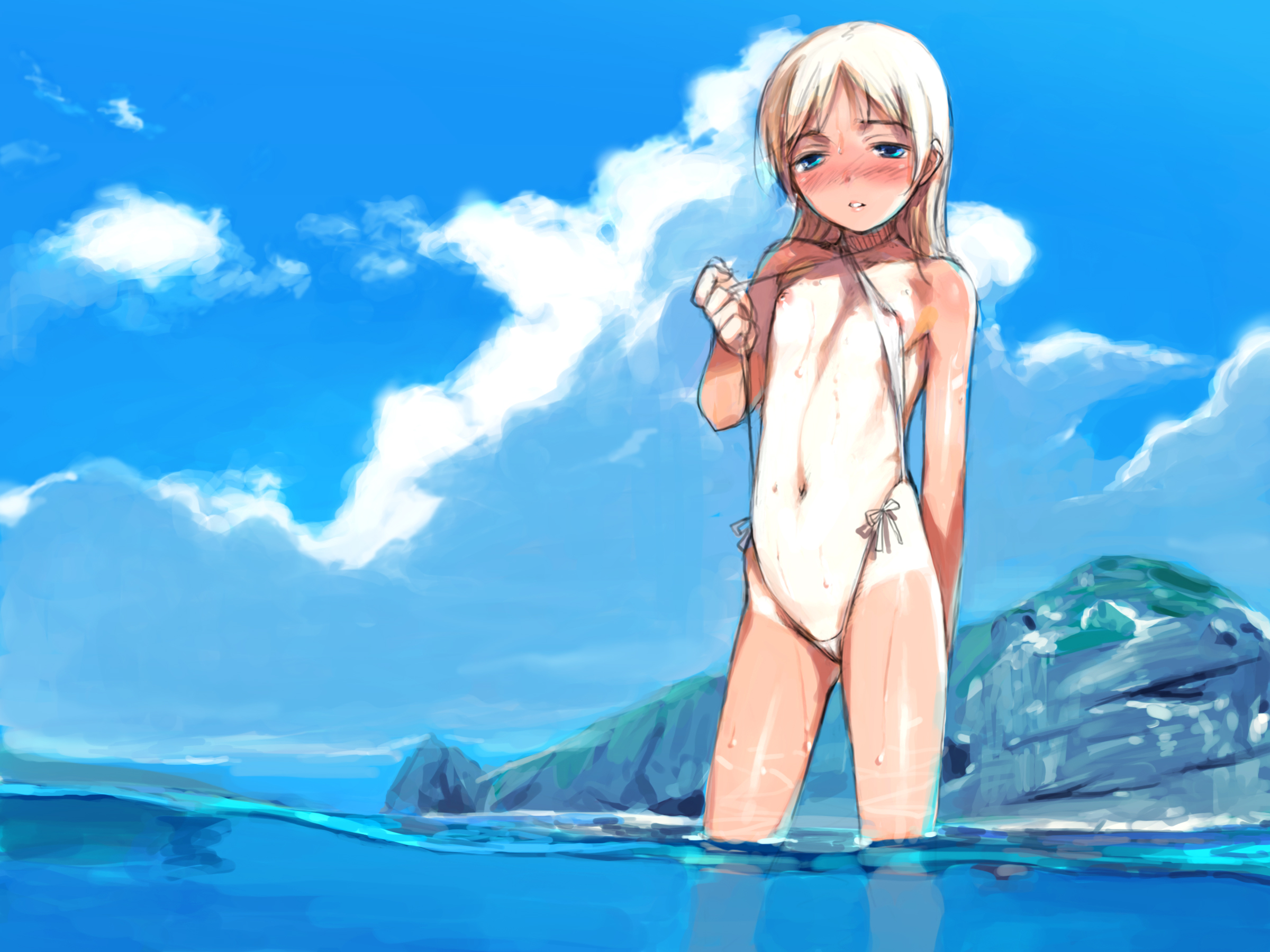 haimura kiyotaka, original, highres, 1girl, bikini, bikini pull, blonde hair, blue eyes, blush, breast slip, breasts, clothes pull, cloud, covered erect nipples, day, female focus, flat chest, loli, micro bikini, navel, nipple slip, nipples, ocean, one-piece tan, outdoors, skinny, sky, slingshot swimsuit, solo, standing, string bikini, swimsuit, tan, tanline, thighs, uncensored, wading, wet