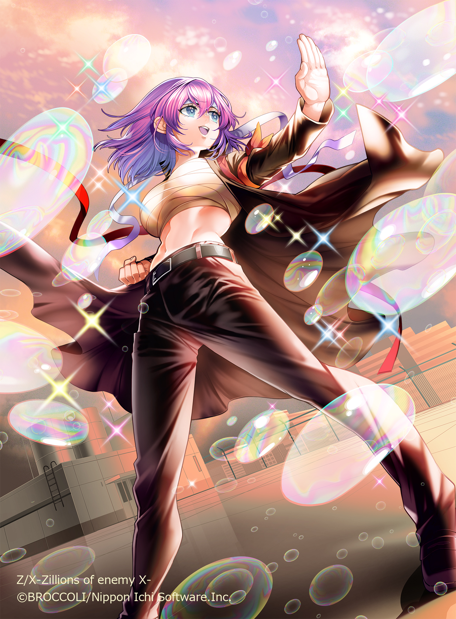 toyota saori, frederica (z/x), z/x, highres, official art, 1girl, belt, black belt, black jacket, black pants, blue eyes, breasts, bubble, chest sarashi, cloud, cloudy sky, copyright notice, from below, gakuran, gradient sky, hachimaki, headband, jacket, large breasts, medium hair, navel, open clothes, open jacket, open mouth, outdoors, pants, pink hair, rooftop, sarashi, school uniform, sky, solo, sparkle, teeth, upper teeth only, white headband