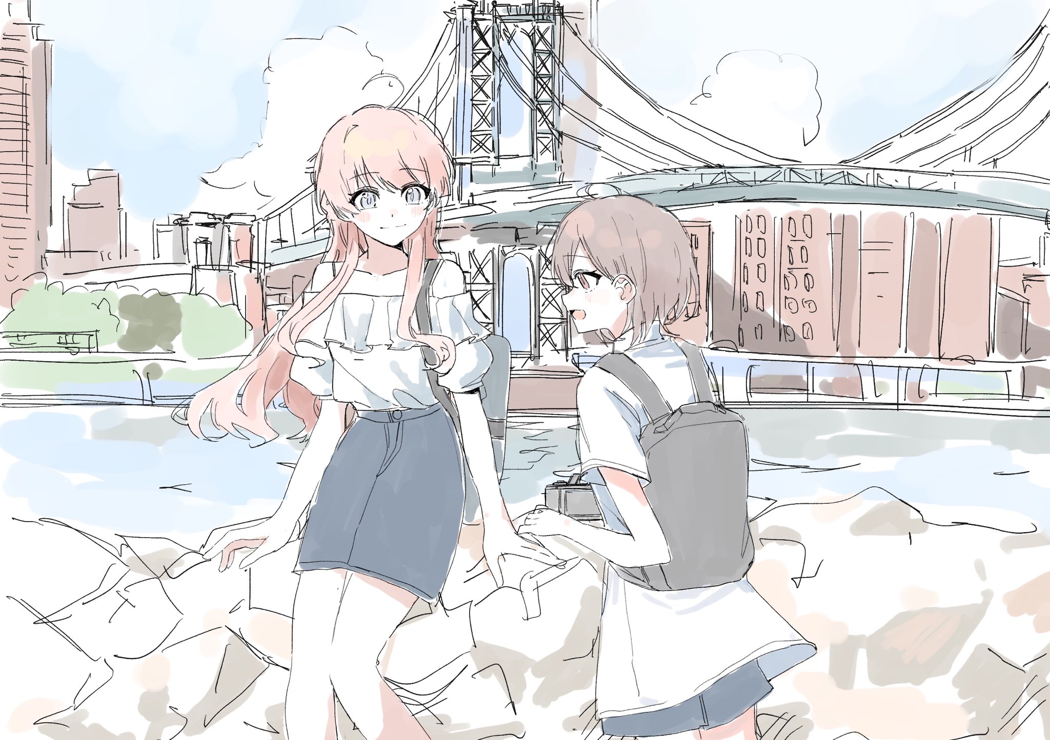 misumi suki, chihaya anon, takamatsu tomori, bang dream!, bang dream! it's mygo!!!!!, commentary request, highres, 2girls, backpack, bag, black bag, blue eyes, blue shorts, blue skirt, blush, bridge, closed mouth, frilled shirt, frills, grey eyes, grey hair, long hair, multiple girls, off-shoulder shirt, off shoulder, open mouth, pink hair, shirt, short hair, short sleeves, shorts, skirt, white shirt