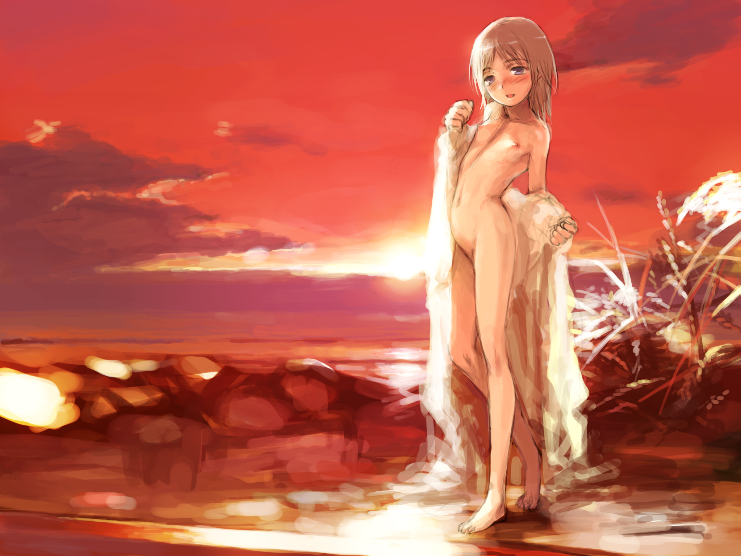 haimura kiyotaka, highres, 1girl, barefoot, belly, blonde hair, blue eyes, blush, brown hair, feet, female focus, flat chest, full body, loli, nipples, nude, outdoors, solo, standing, sunset, toes, zenra