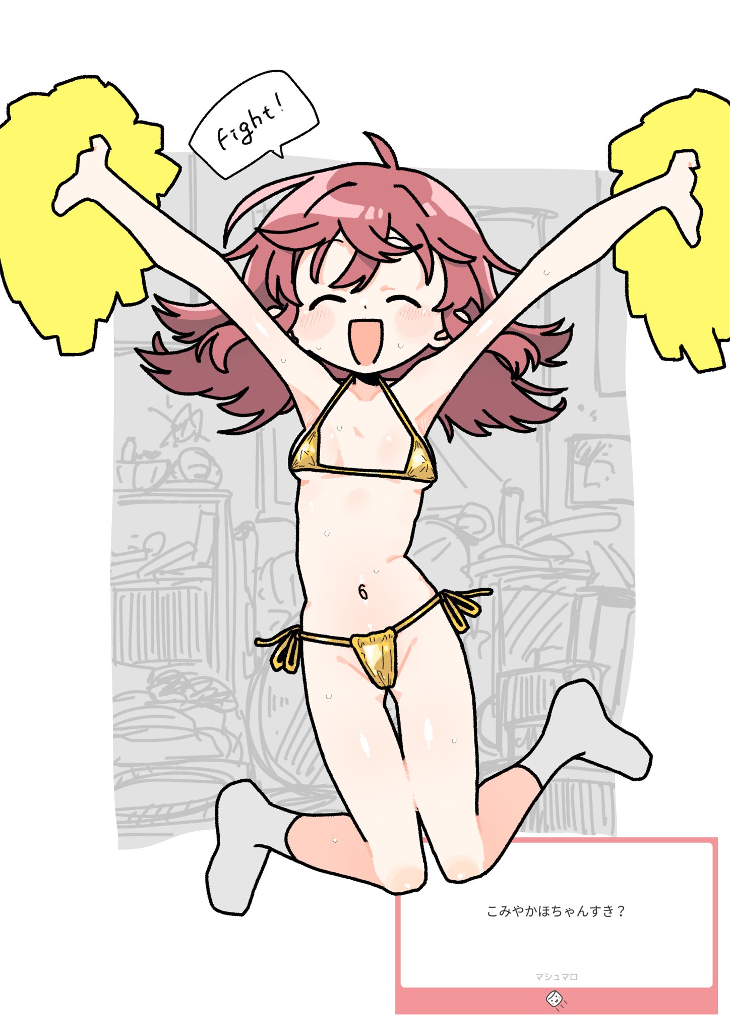 comog, komiya kaho, idolmaster, idolmaster shiny colors, highres, 1girl, :d, ahoge, bikini, breasts, cheering, gold bikini, jumping, long hair, marshmallow (site), navel, open mouth, pom pom (cheerleading), red hair, small breasts, smile, swimsuit, white background