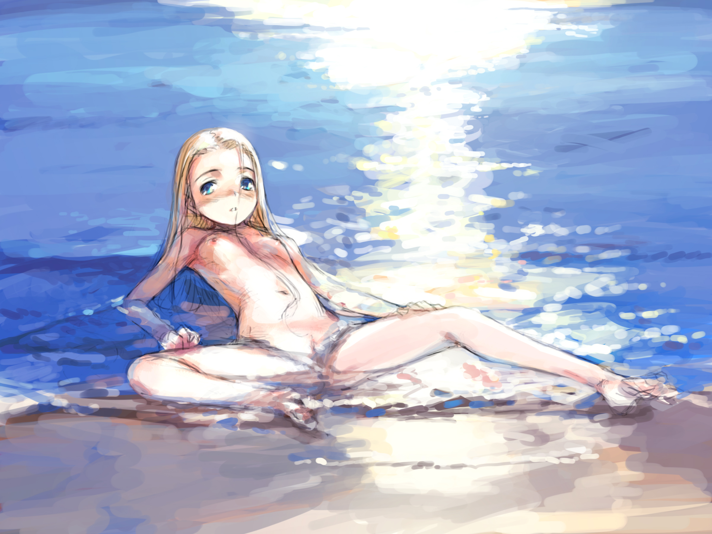 haimura kiyotaka, highres, 1girl, barefoot, beach, blonde hair, blue eyes, breasts, day, feet, female focus, flat chest, loli, long hair, lying, nipples, nude, ocean, outdoors, pussy, solo, spread legs, water