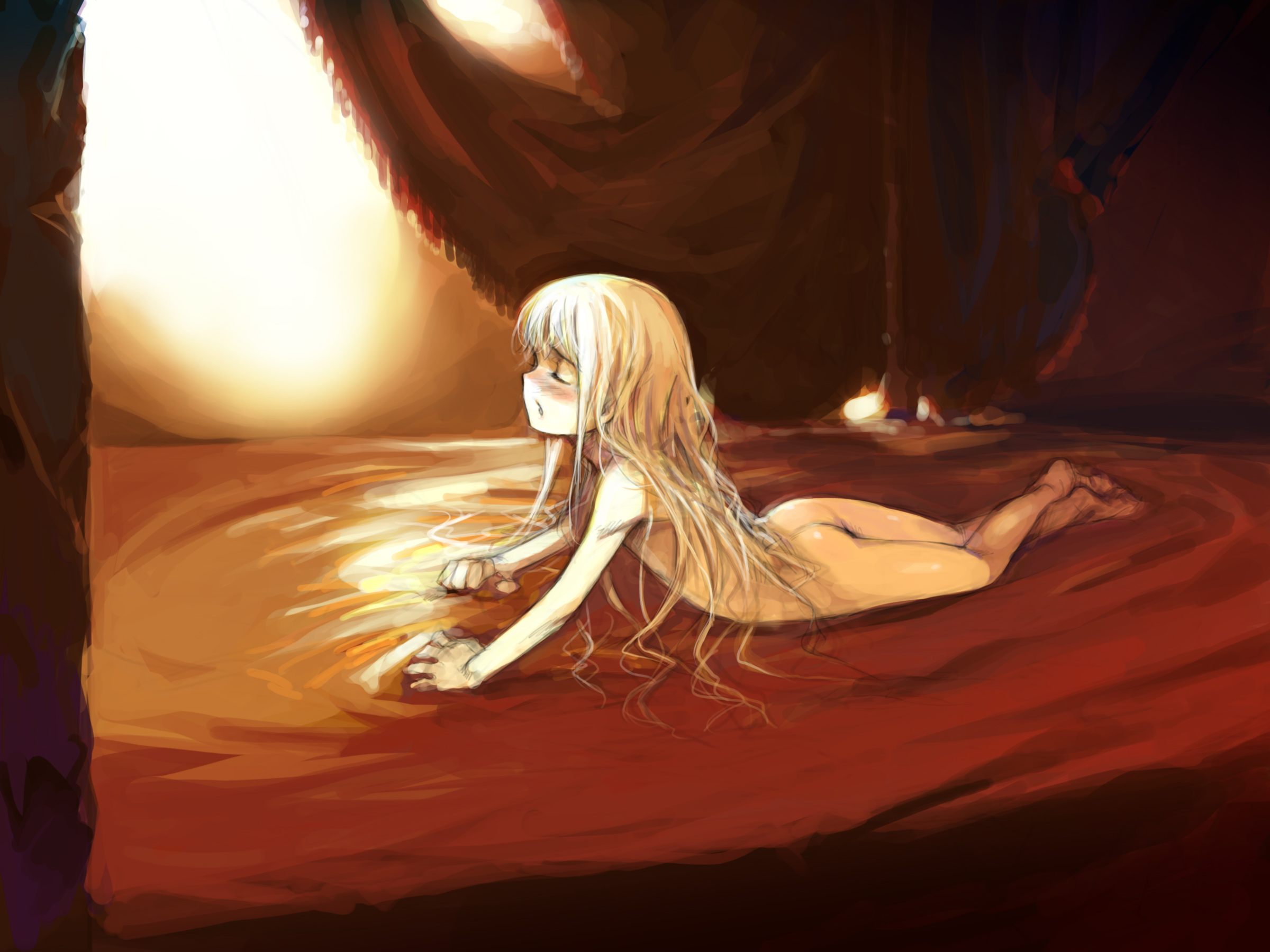 haimura kiyotaka, highres, 1girl, arm support, ass, barefoot, bed, bed sheet, blonde hair, blush, canopy bed, closed eyes, crossed legs, feet, female focus, flat chest, loli, long hair, lying, nude, on stomach, open mouth, red theme, sheet grab, sketch, soles, solo, sunlight, very long hair
