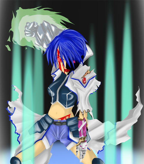 revolver knuckle, subaru nakajima, lyrical nanoha, mahou shoujo lyrical nanoha, mahou shoujo lyrical nanoha strikers, 00s, 1girl, bleeding, blood, blue hair, cuts, cyborg, deep wound, female focus, injury, oekaki, red eyes, shorts, solo, torn clothes