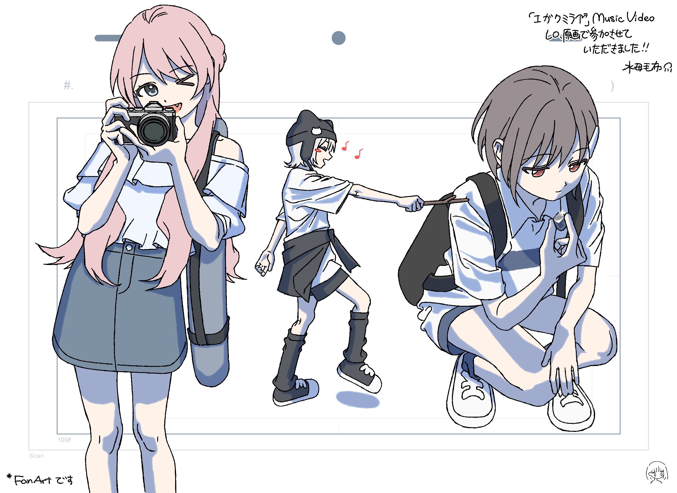 jellyfishmobu, chihaya anon, kaname raana, takamatsu tomori, bang dream!, bang dream! it's mygo!!!!!, commentary request, highres, translation request, > o, 3girls, backpack, bag, black bag, black jacket, black leg warmers, black shoes, blue skirt, brown eyes, camera, closed eyes, clothes around waist, fang, frilled shirt, frills, grey eyes, grey hair, hair ornament, hairclip, holding, holding camera, holding stick, jacket, jacket around waist, leg warmers, long hair, multiple girls, musical note, off-shoulder shirt, off shoulder, one eye closed, pink hair, raana the cat, rock, shirt, shoes, short hair, shoulder bag, skirt, stick, white hair, white shirt