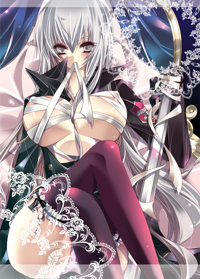 kyan (glira), superbi squalo, katekyo hitman reborn!, silver hair, gender request, 00s, 1girl, bandages, breasts, crossed legs, female focus, genderswap, huge breasts, long hair, mouth hold, nipples, open clothes, open shirt, panties, pantyshot, sarashi, shirt, sitting, solo, sword, thighhighs, underwear, weapon, white eyes