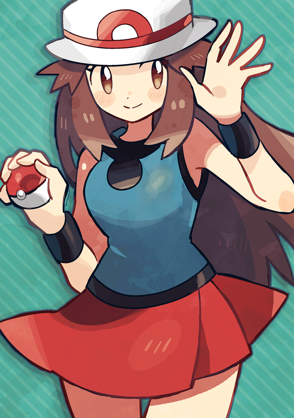 anidler91, leaf (pokemon), nintendo, pokemon, pokemon frlg, highres, 1girl, blue shirt, brown eyes, brown hair, cowboy shot, hands up, hat, holding, holding poke ball, long hair, looking at viewer, no sclera, poke ball, poke ball (basic), porkpie hat, red skirt, shirt, skirt, sleeveless, sleeveless shirt, smile, solo, waving, white hat, wristband