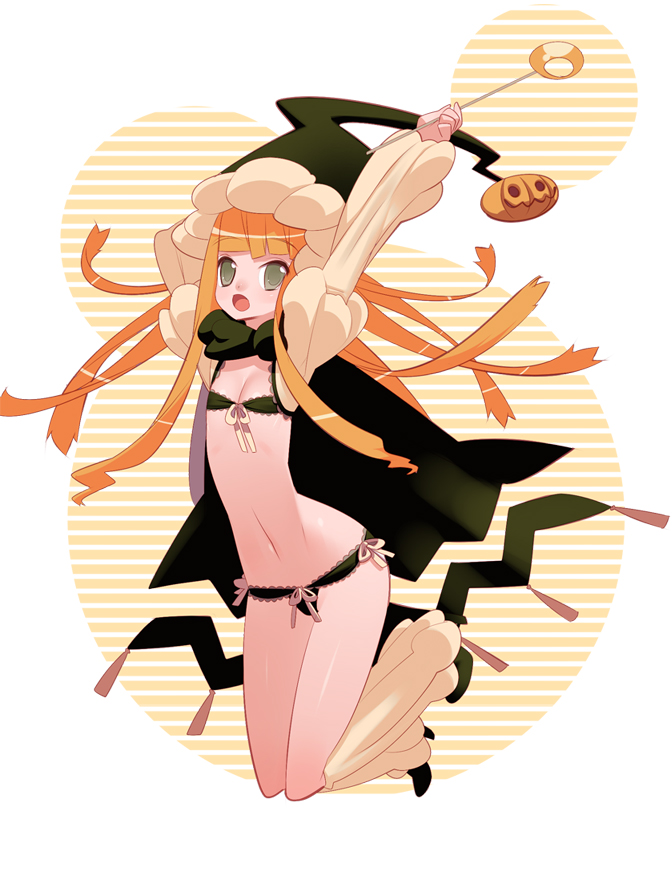 tensugi takashi, bad id, bad pixiv id, 1girl, bow, cape, female focus, flat chest, green eyes, hat, jack-o'-lantern, lace, long hair, midriff, orange hair, panties, pumpkin, solo, underwear, wand, witch, witch hat, wizard hat