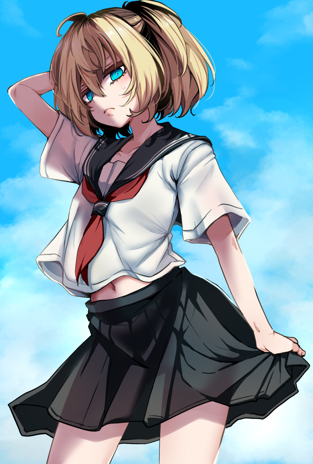 hal (goshujinomocha), tanya degurechaff, youjo senki, highres, 1girl, arm behind head, black skirt, blonde hair, blue eyes, closed mouth, flat chest, from below, hair between eyes, looking at viewer, school uniform, serafuku, short hair, skirt, solo