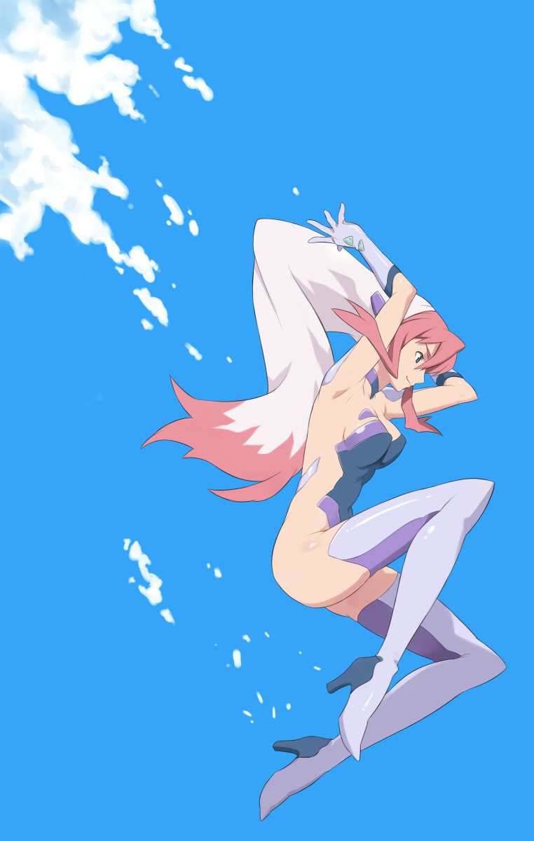 maruto!, birdy cephon altera, tetsuwan birdy, tetsuwan birdy decode, highres, 00s, 1girl, armpits, cloud, colored bangs, day, female focus, gloves, jumping, leotard, long hair, midair, multicolored hair, sky, smile, solo, thighhighs