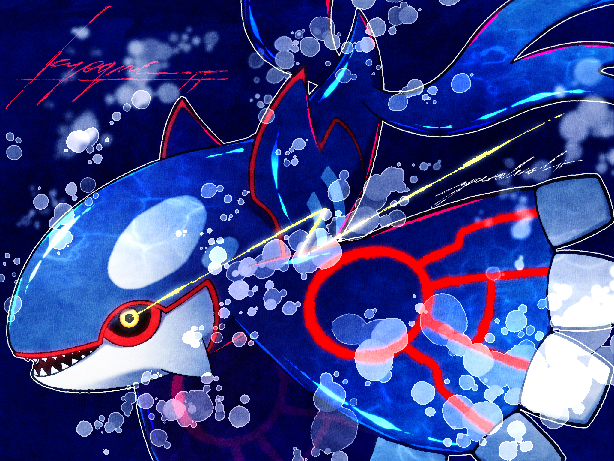 towalush, kyogre, nintendo, pokemon, highres, air bubble, animal focus, black sclera, bubble, colored sclera, eye trail, gen 3 pokemon, legendary pokemon, light trail, no humans, open mouth, outline, pokemon (creature), pokemon focus, sharp teeth, signature, teeth, underwater, white outline, yellow eyes