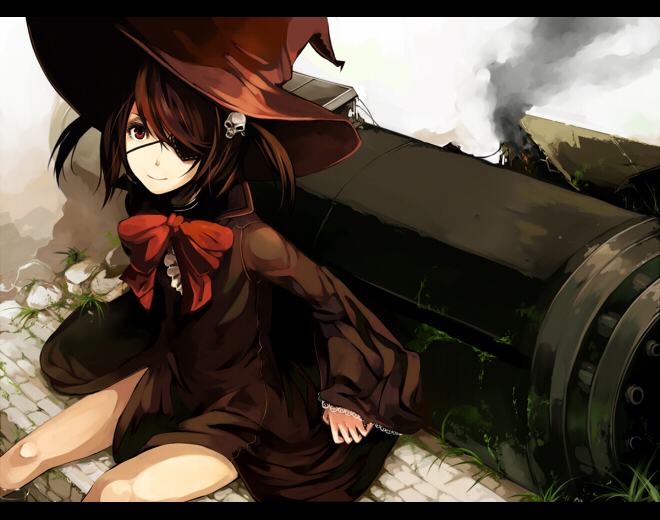 riku (artist), riku (wana), original, bad id, bad pixiv id, 1girl, ascot, bow, bowtie, brown hair, dress, eyepatch, female focus, gatling gun, gun, hat, huge weapon, knees, letterboxed, red eyes, short hair, sitting, skull, smile, smoke, solo, thighs, twintails, weapon, witch, witch hat