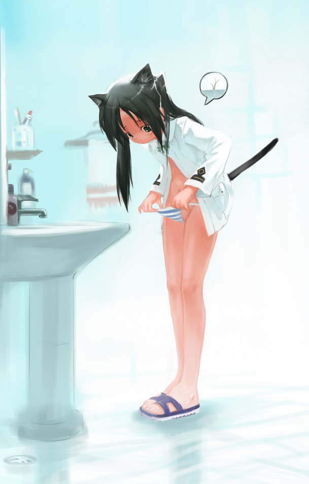 observerz, francesca lucchini, strike witches, world witches series, bad id, bad pixiv id, 00s, 1girl, animal ears, bathroom, black hair, blush, female focus, female pubic hair, green eyes, legs, long hair, panties, panty pull, pubic hair, sandals, solo, speech bubble, striped clothes, striped panties, tail, underwear