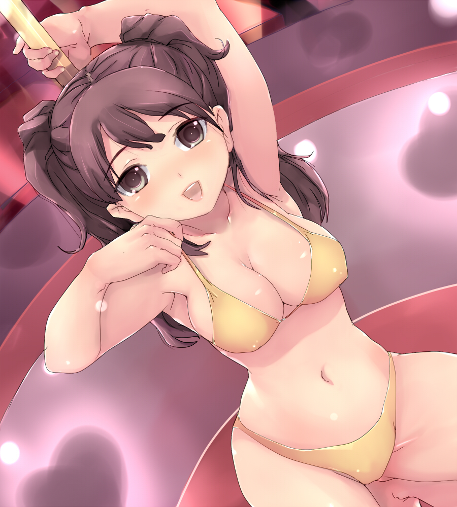knucklecurve, kujikawa rise, atlus, persona, persona 4, bad id, bad pixiv id, 1girl, armpits, bikini, breasts, brown eyes, brown hair, cleavage, female focus, large breasts, pole, pole dancing, solo, stripper, stripper pole, swimsuit, twintails, yellow bikini