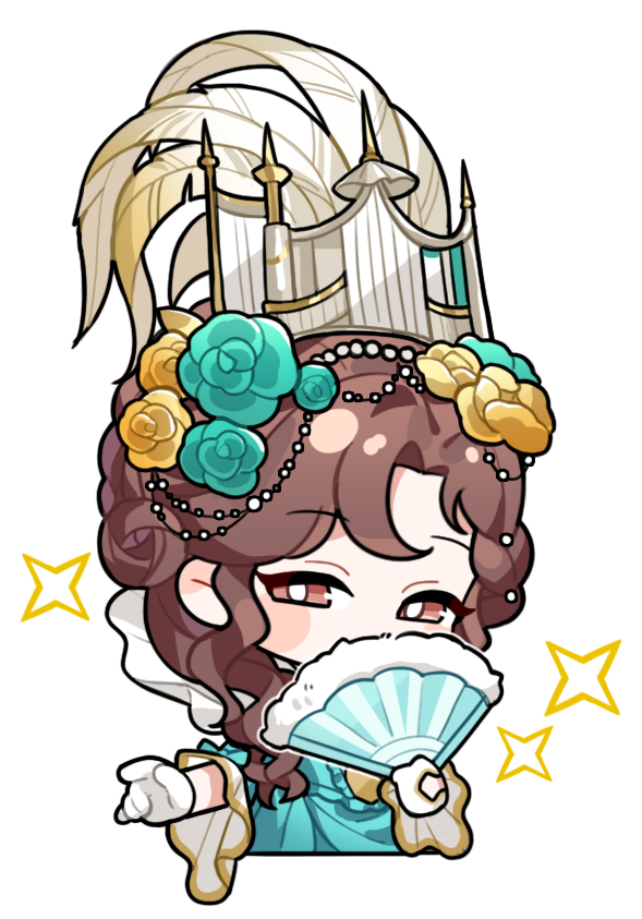 infinity nikki, nikki (series), artist request, official art, 1girl, aqua bow, aqua dress, aqua flower, aqua rose, beads, blush stickers, bow, bright pupils, brown eyes, brown hair, center frills, chibi, covered mouth, cropped legs, crown, dress, echoed dreams (infinity nikki), flower, folding fan, frilled sleeves, frills, fur trim, gloves, gown, hair beads, hair bun, hair flower, hair ornament, hair over shoulder, half-closed eyes, half updo, hand fan, hat feather, holding, holding fan, long sleeves, looking at viewer, outstretched hand, pleated dress, ringlets, rose, single hair bun, sleeve bow, solo, transparent background, victorian, white crown, white gloves, white pupils, yellow flower, yellow rose