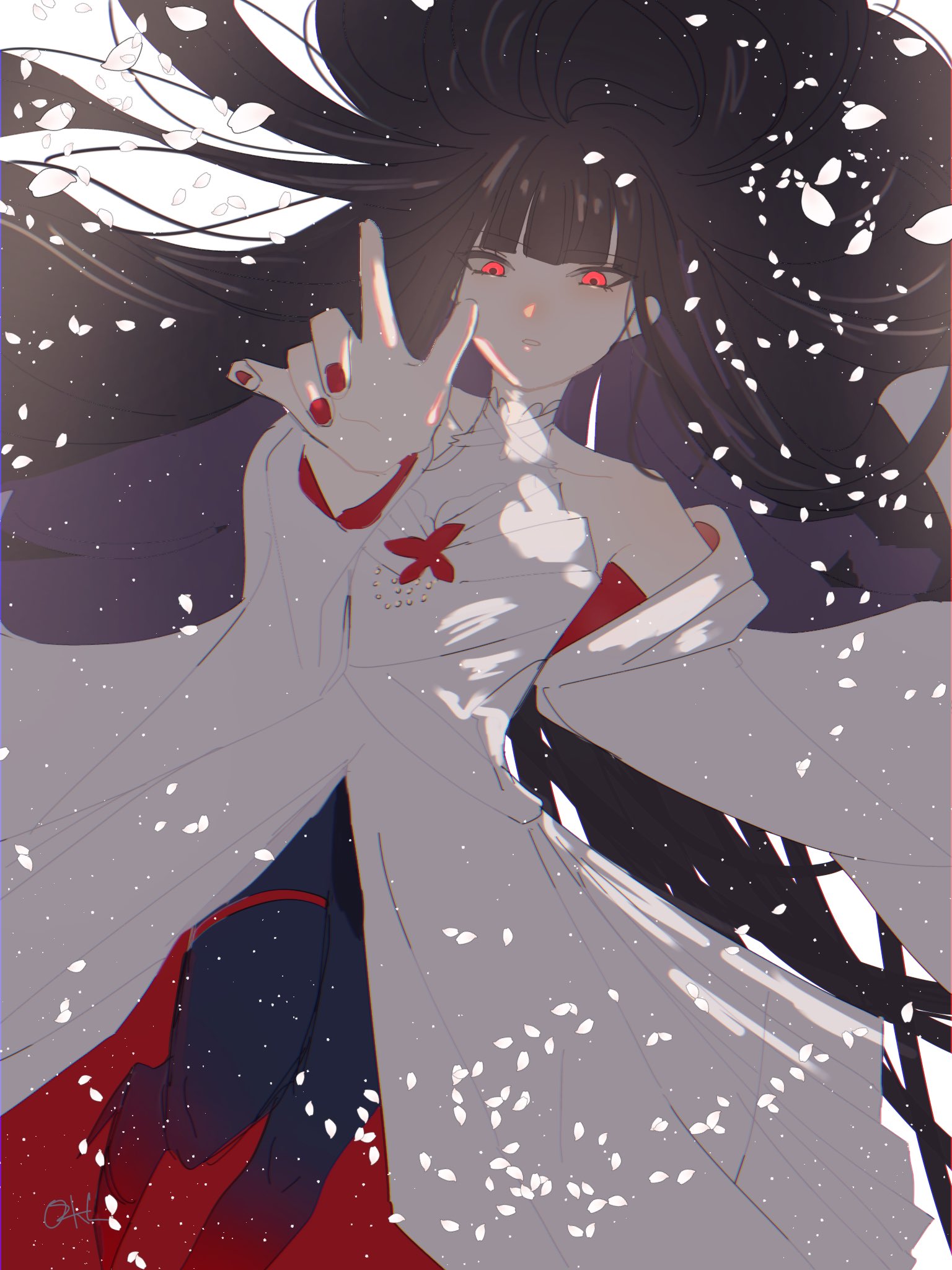 02kf, ryoshu (project moon), limbus company, project moon, highres, 1girl, alternate costume, black hair, black shoes, dress, high heels, nail polish, outstretched arm, petals, red eyes, red nails, shoes, solo, white dress
