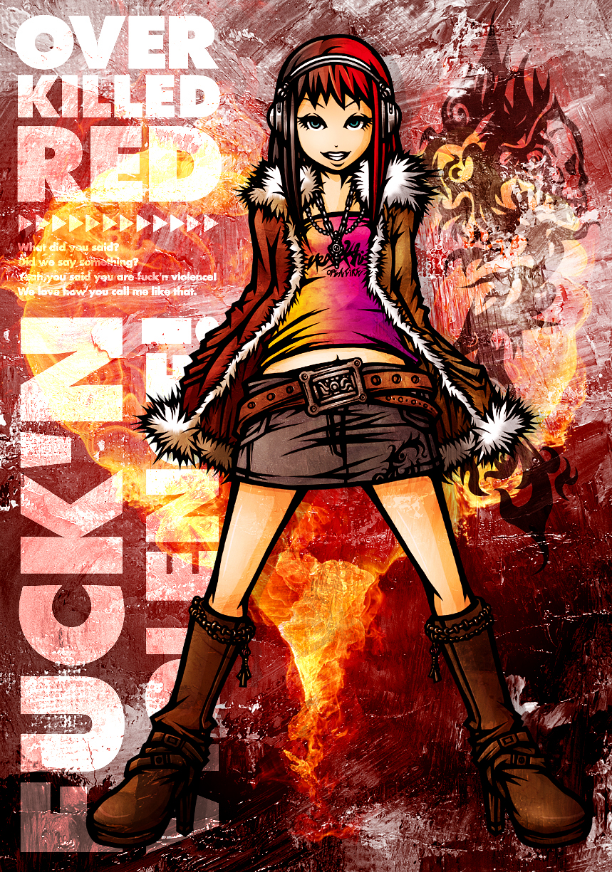 project.c.k., tohno akiha, toono akiha, vermillion akiha, tsukihime, highres, 00s, 1girl, blue eyes, english text, engrish text, female focus, grin, headphones, long hair, profanity, ranguage, red hair, smile, solo