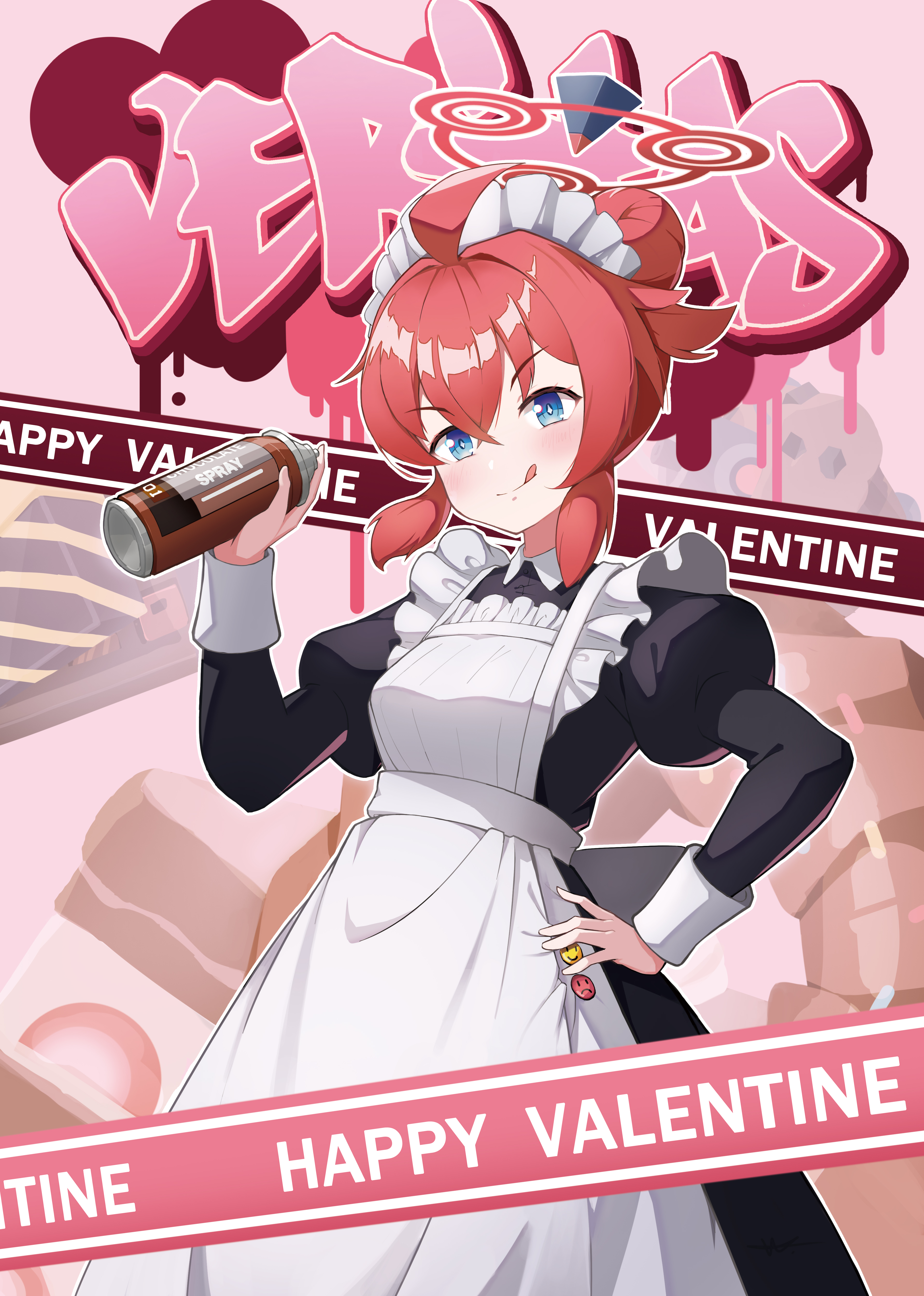 shuni valentine, maki (blue archive), blue archive, absurdres, commentary, highres, 1girl, :q, ahoge, alternate costume, apron, black dress, blue eyes, blush, breasts, can, closed mouth, dress, enmaided, graffiti, hair between eyes, hair bun, halo, hand on own hip, happy valentine, holding, holding can, juliet sleeves, long sleeves, looking at viewer, maid, maid apron, maid headdress, medium breasts, pink background, puffy sleeves, red hair, simple background, smile, solo, spray can, tongue, tongue out, v-shaped eyebrows, valentine, white apron