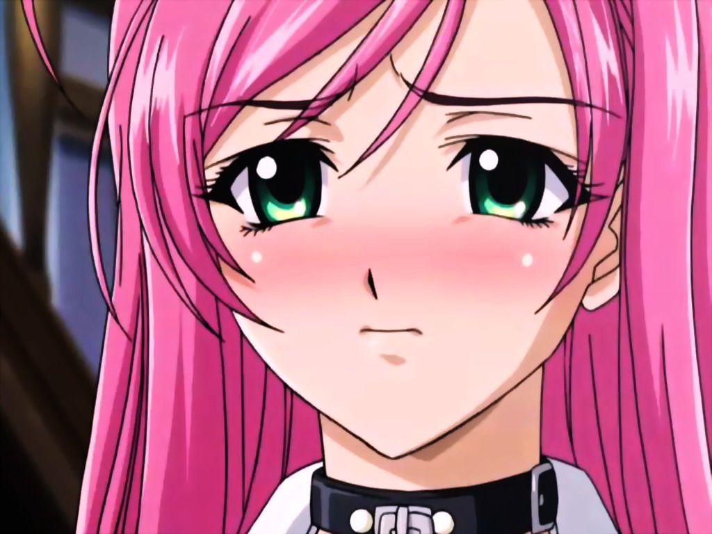 akashiya moka, rosario+vampire, anime screenshot, tagme, 00s, 1girl, blush, collar, female focus, green eyes, long hair, pink hair, solo