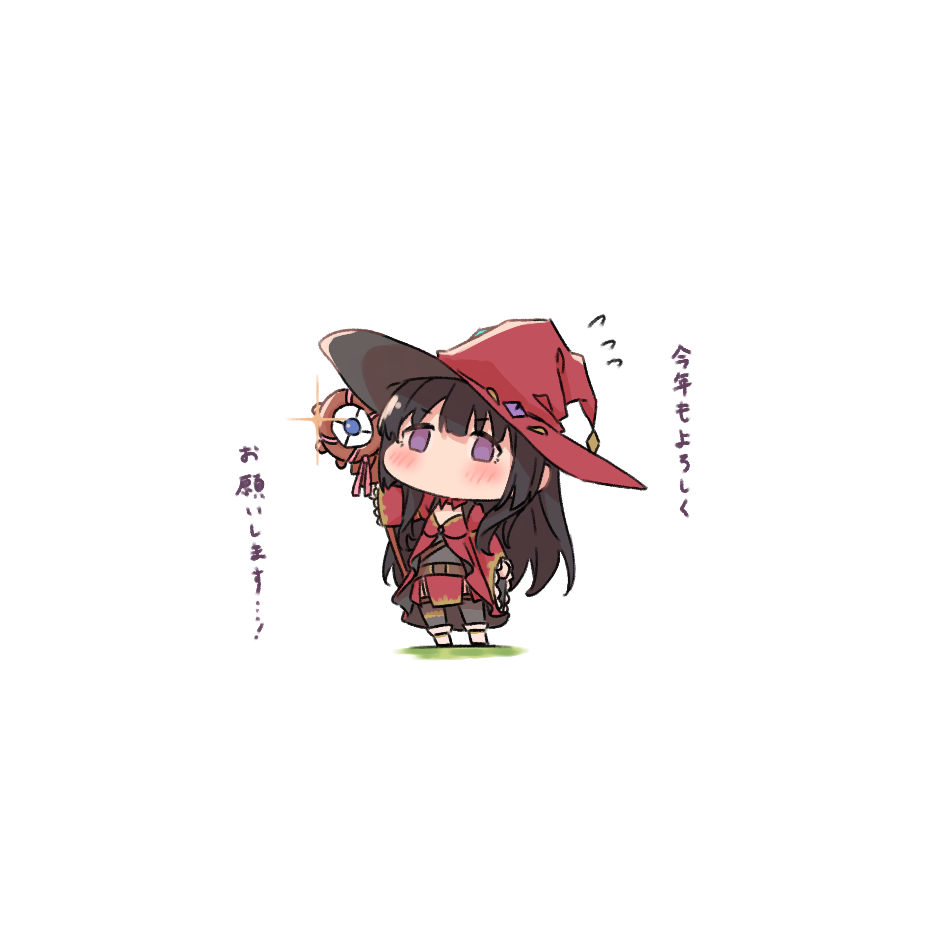 kanade (kanade 3344), shirokane rinko, bang dream!, absurdres, commentary, highres, 1girl, black hair, black thighhighs, blush, cape, chibi, hat, long hair, purple eyes, red cape, red hat, simple background, solo, thighhighs, white background, witch hat